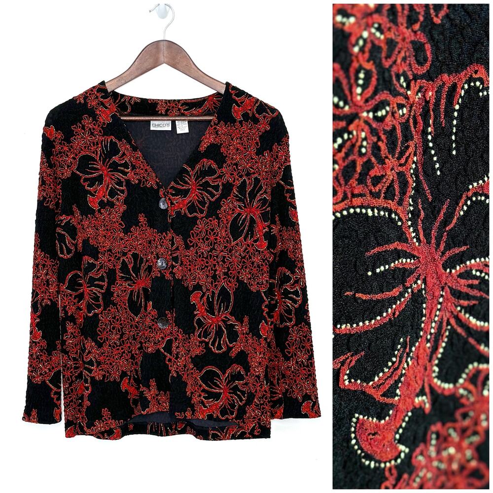 VTG Chico’s Floral Cardigan Womens 2 L Black Red Gold Metallic Made in Canada